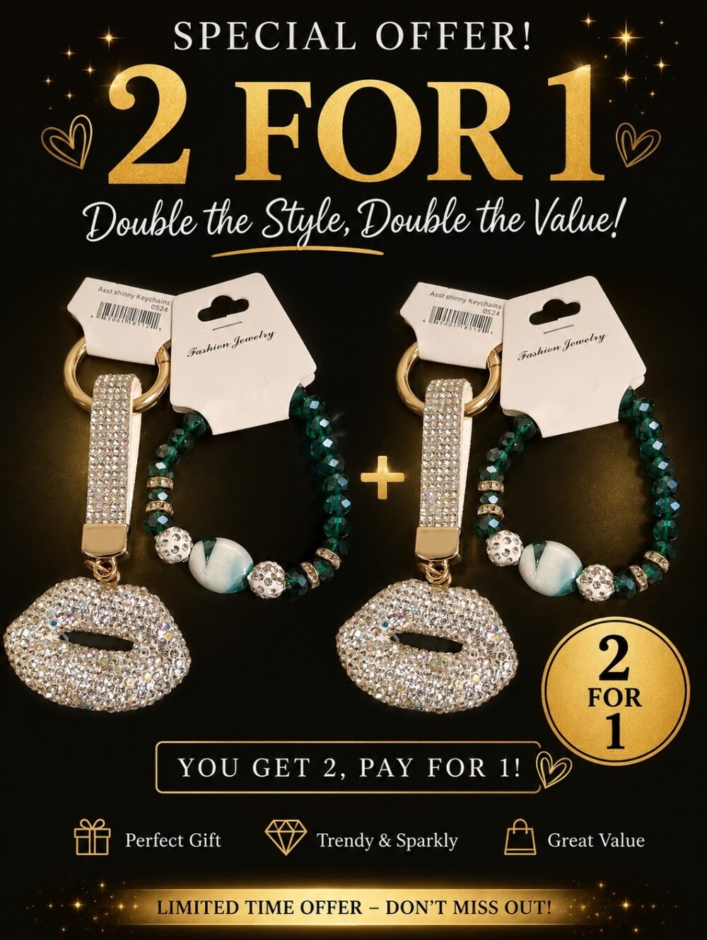 Fashion Jewelry Women's Sparkling Green Beaded Key & Card Holder - 2 for 1